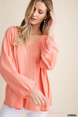 Kori Lace Yoke Blouse - Coral or Melon