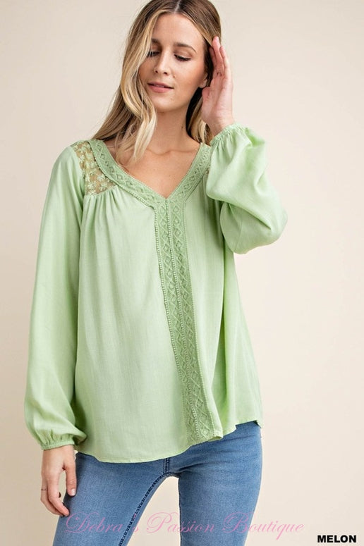 Kori Lace Yoke Blouse - Coral or Melon