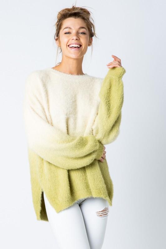 &Merci Dip Dye Furry Oversize Sweater Top - Custard/Green