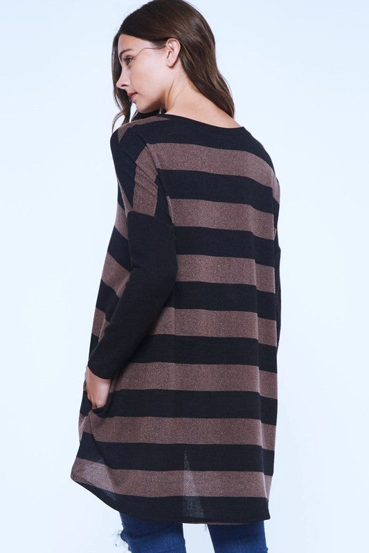 Beeson Hi Lo Stripe Tunic Top - Mocha/Black