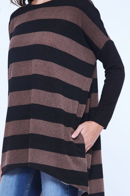 Beeson Hi Lo Stripe Tunic Top - Mocha/Black