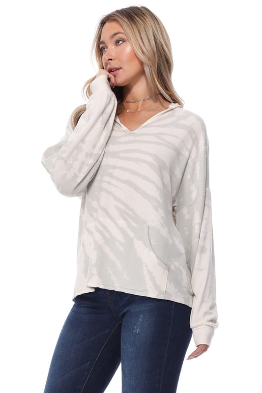 T-Party Soft Plush Kangaroo Tie Dye Hoodie - Gray/Cream