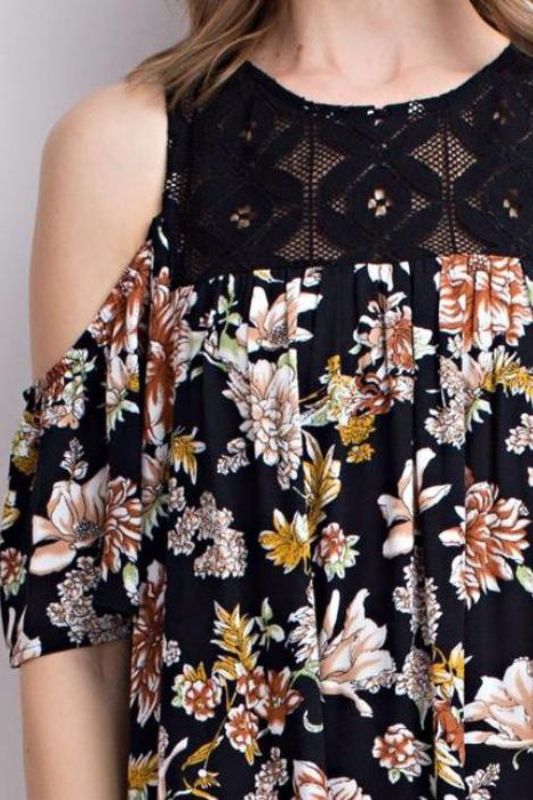 L Love Cold Shoulder Floral Print Shift Dress - Black