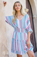 Ocean Striped Ruffle Tiered Dress - Blue Multi