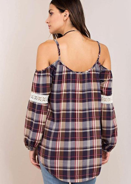 Kori Cold Shoulder Plaid Blouse - Eggplant