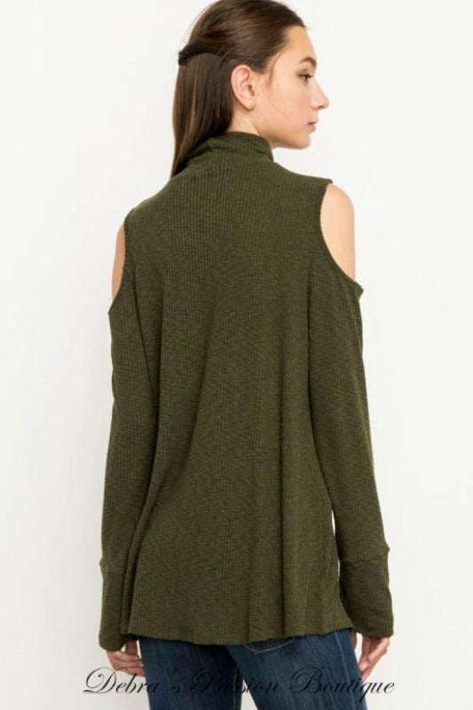 Mittoshop Mock Turtleneck Cold Shoulder Top - Olive or Taupe