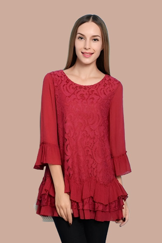 Paisley Vine Lace Tunic Ruffles Top - Crimson