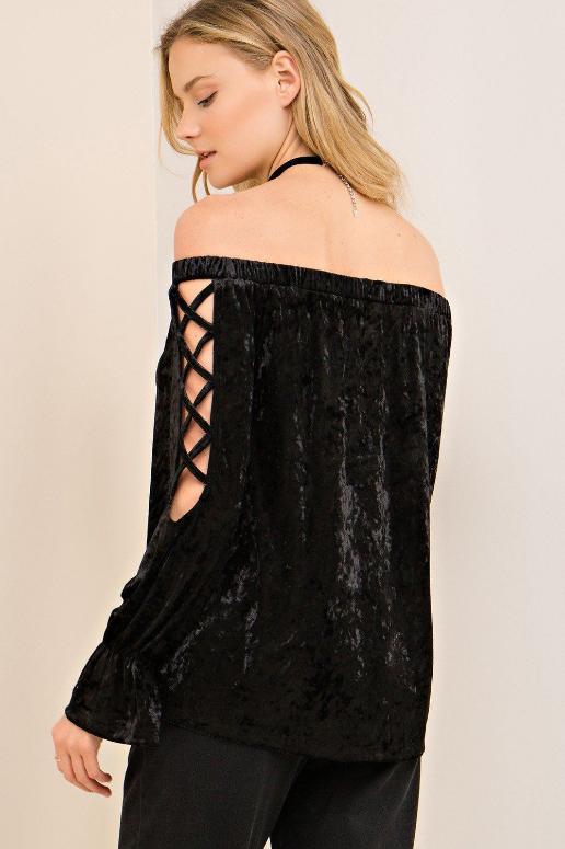 Entro Strappy Sleeve Velvet Off Shoulder Top - Black