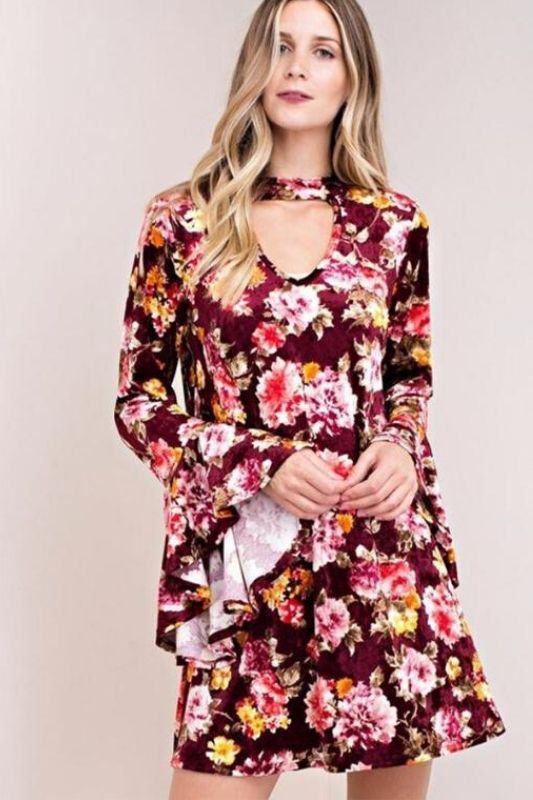 Kori Floral Velvet Choker Dress - Wine
