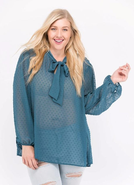 Janette Plus Bow Tie Swiss Dot Blouse - Teal