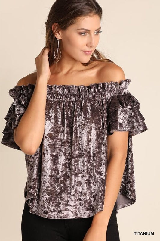 Crushed Velvet Off-the-Shoulder Ruffle Top – Titanium