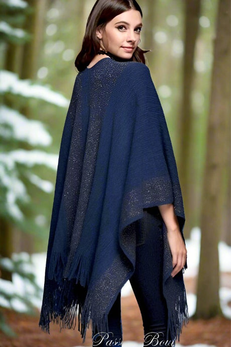 Gee Gee Knit Winter Border Fringe Poncho - Navy