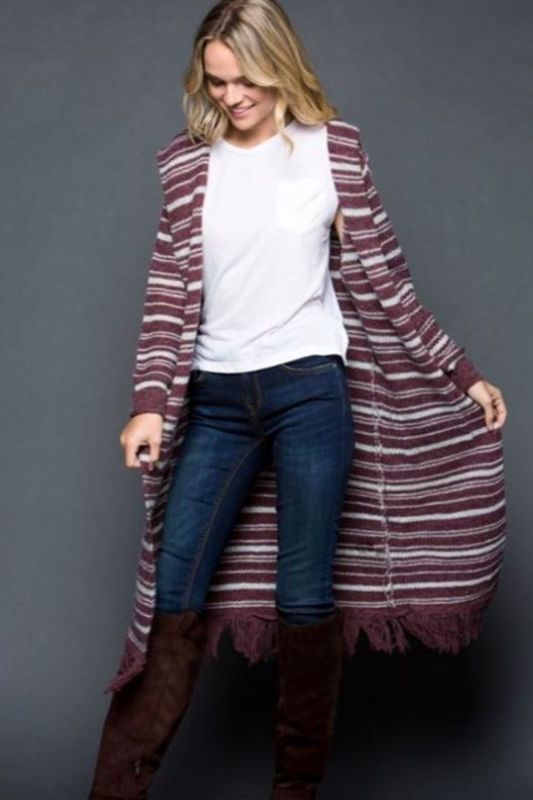 Gee Gee Striped Hoodie Long Cardigan - Burgundy