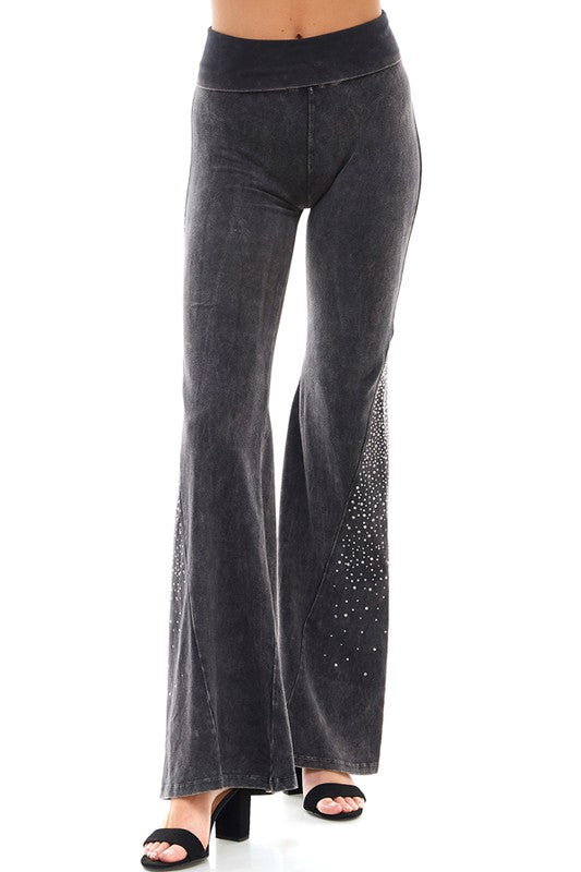 T-Party Crystal Rhinestones Mineral Wash Yoga Pants - Black