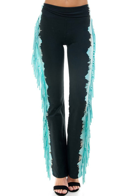 T Party Side Fringe Yoga Pants - Turquoise