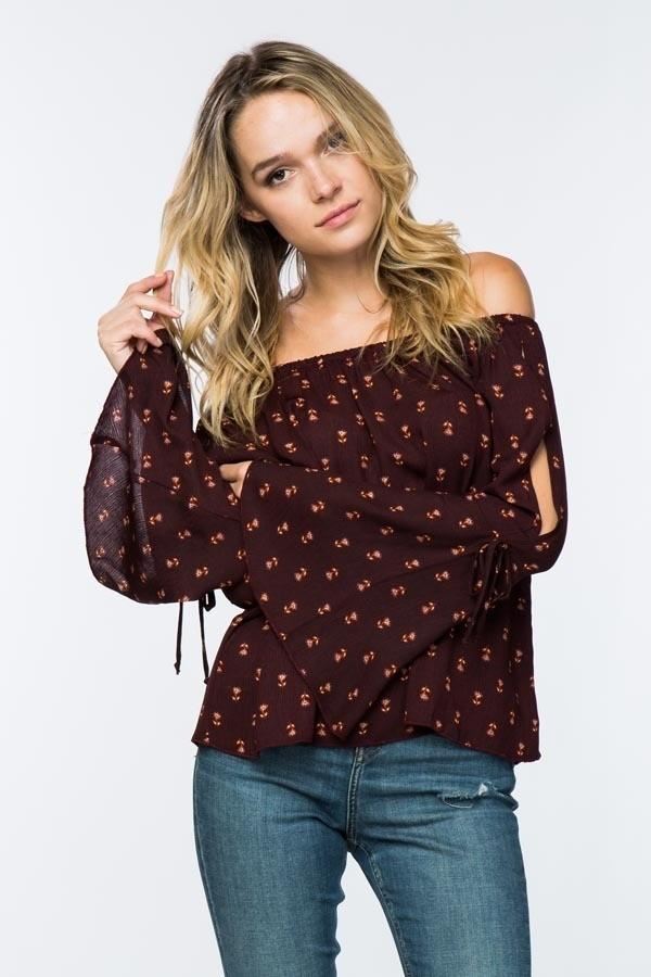 Off Shoulder Top with Bell Sleeves - Floral Prints