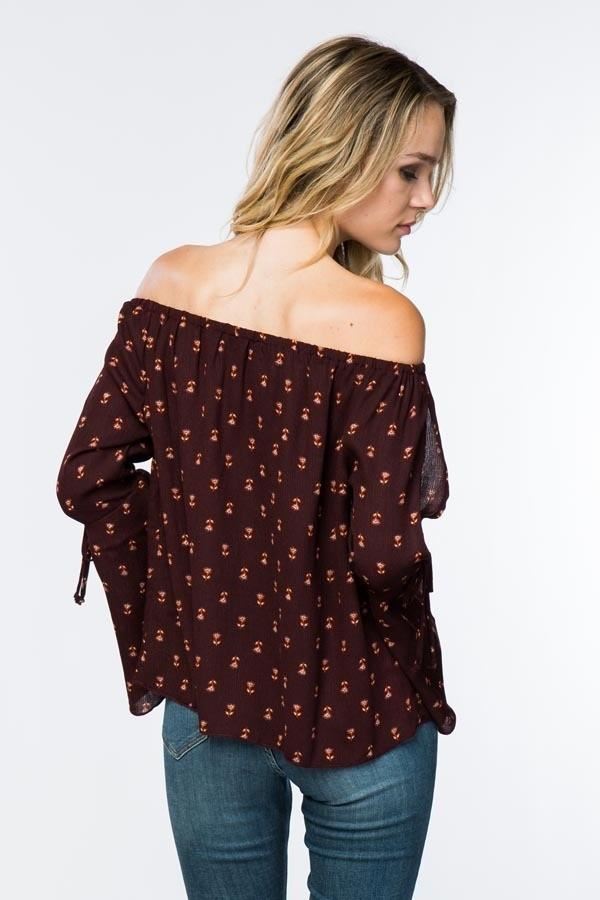 Timing Flower Print Off Shoulder Blouse - Wine