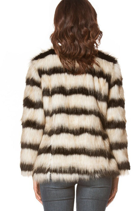 Carmin Striped Furry Evening Party Jacket - Black Soft White