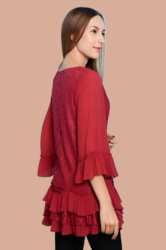 Paisley Vine Lace Tunic Ruffles Top - Crimson