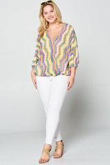 Chevron Surplice Plus Sheer Knit Top - Multi Yellow