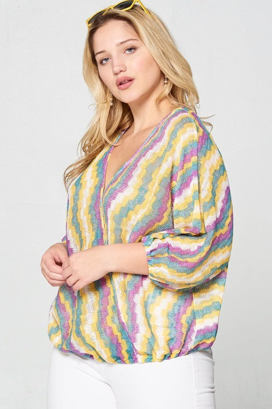 Chevron Surplice Plus Sheer Knit Top - Multi Yellow