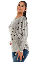 T-Party Stars Long Sleeve Top Ribbed Sleeves - Grey