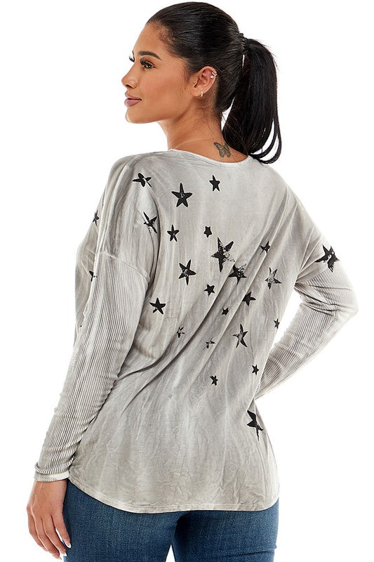 T-Party Stars Long Sleeve Top Ribbed Sleeves - Grey