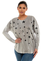 T-Party Stars Long Sleeve Top Ribbed Sleeves - Grey