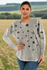 T-Party Stars Long Sleeve Top Ribbed Sleeves - Grey