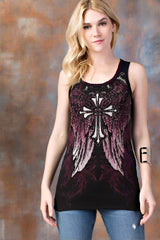 Vocal Whip Stitch Wings & Cross Tank - Black/Burgundy