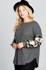 Waffle Balloon Sleeve Plus Top - Charcoal