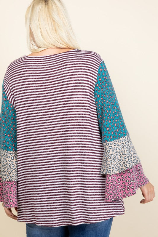 Tiered Striped Colorblock Plus Top - Burgundy