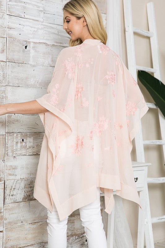 Justin & Taylor Sheer Floral Embroidered Kimono - Blush