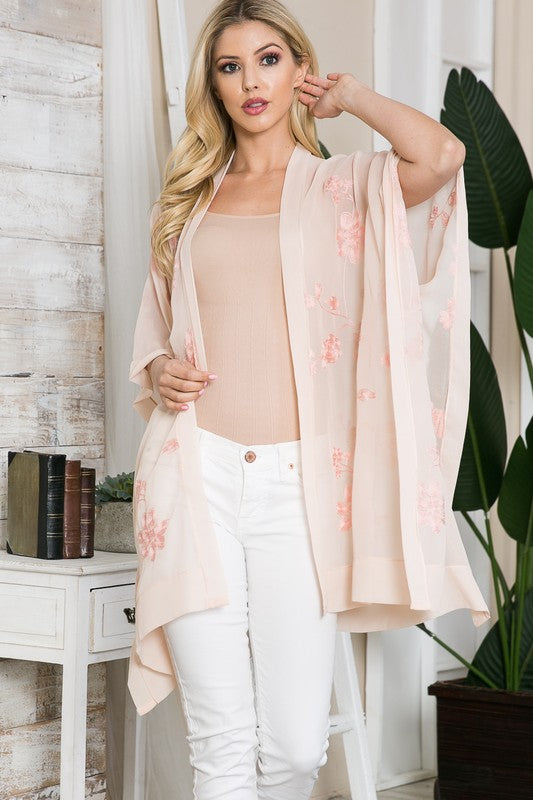 Justin & Taylor Sheer Floral Embroidered Kimono - Blush