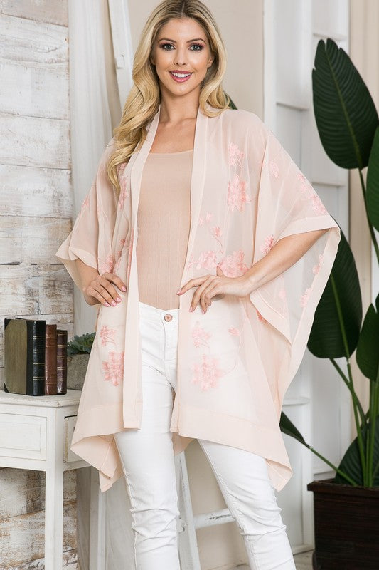 Justin & Taylor Sheer Floral Embroidered Kimono - Blush