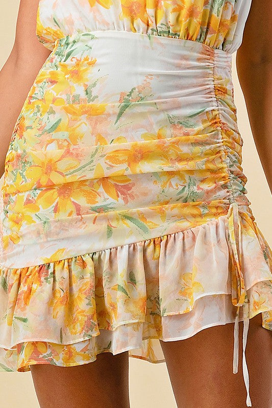 Ruched Smocked Halter Floral Ruffle Hem Mini Dress - Ivory Yellow