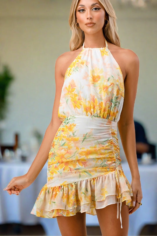 Ruched Smocked Halter Floral Ruffle Hem Mini Dress
