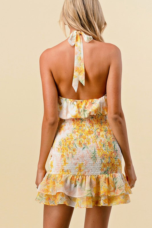 Ruched Smocked Halter Floral Ruffle Hem Mini Dress - Ivory Yellow