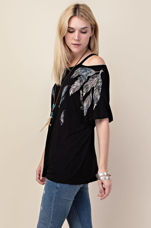 Vocal Cut Out Shoulder Feathers T Shirt - Black