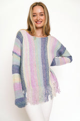 Mystree Fringe Multi Stripe Pullover Sweater