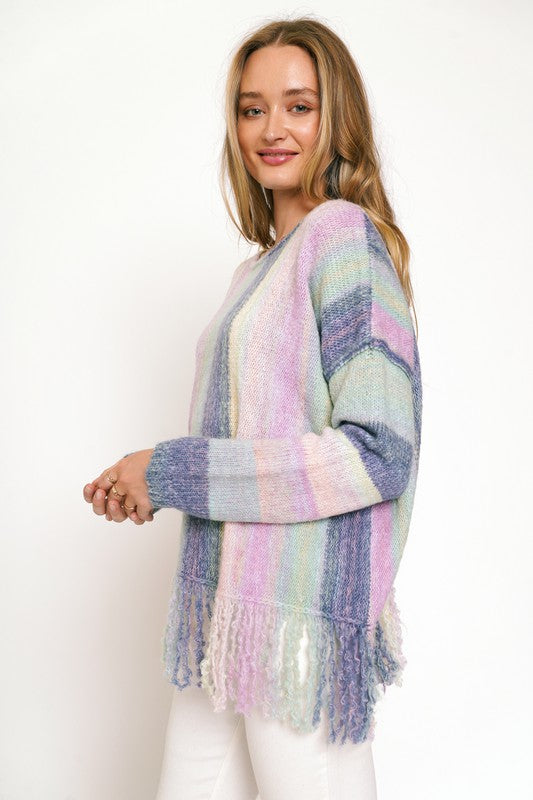 Mystree Fringe Multi Stripe Pullover Sweater