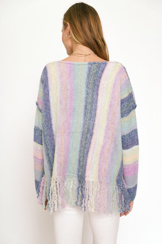 Mystree Fringe Multi Stripe Pullover Sweater