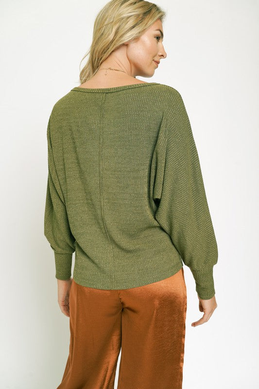 Mystree Microribbed Dolman Knit Tweed Short Top - Olive