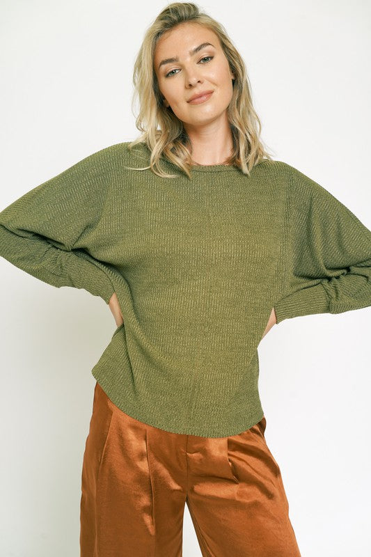 Mystree Microribbed Dolman Knit Tweed Top - Olive