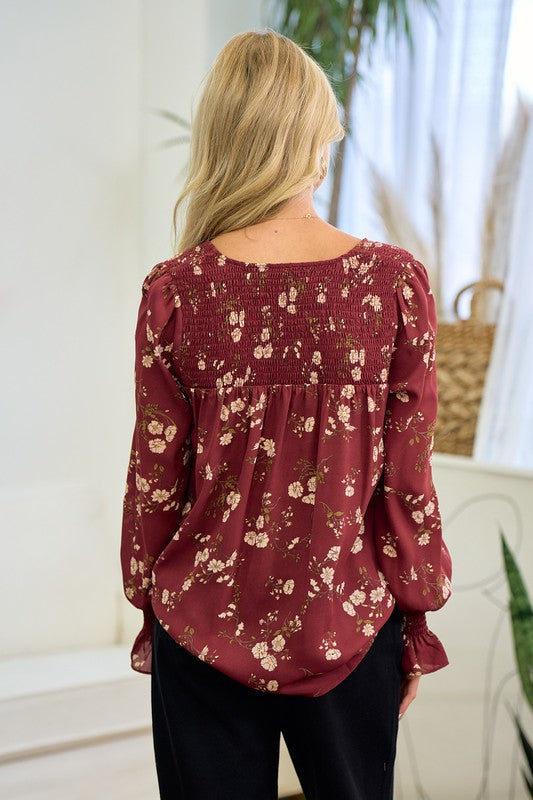 Doe & Rae Floral Smocked Blouse - Maroon