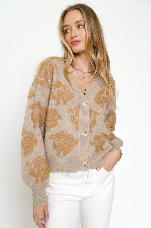 Mystree Fuzzy Floral Button Down Sweater - Hazelnut