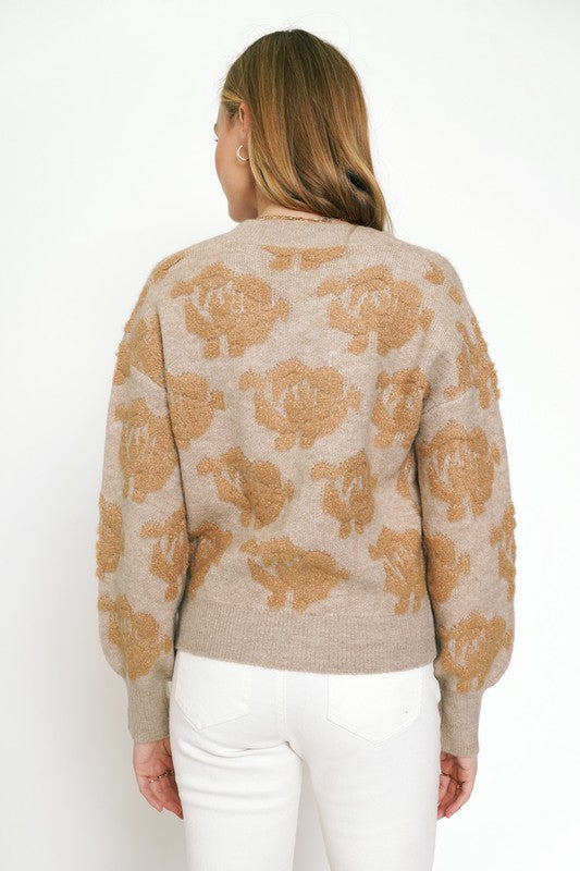 Mystree Fuzzy Floral Button Down Sweater - Hazelnut