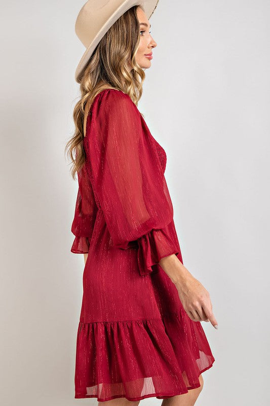 Eesome Square Neck Smocked Mini Dress - Wine