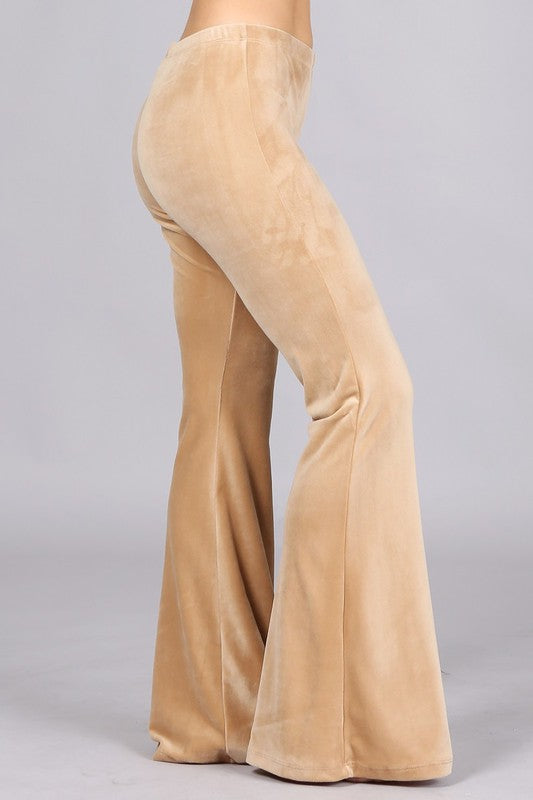 Chatoyant Stretchy Velour Bell Bottom Pants - Beige