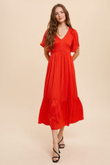 In Loom Satin Smocked Midi Dress - Red Orange